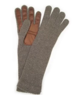 Guanto In 100% Cashmere 4bt Con Palmo In Nappa Castoro/Tan