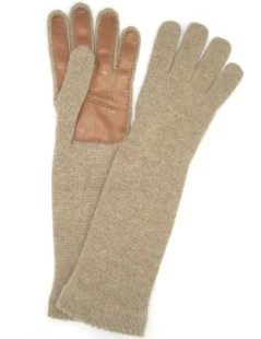 Guanto In 100% Cashmere 4bt Con Palmo In Nappa Taupe/Tan