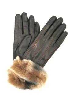 Guanto Nappa Con Intarsi A Contrasto E Bordo Rex Nero/Cognac